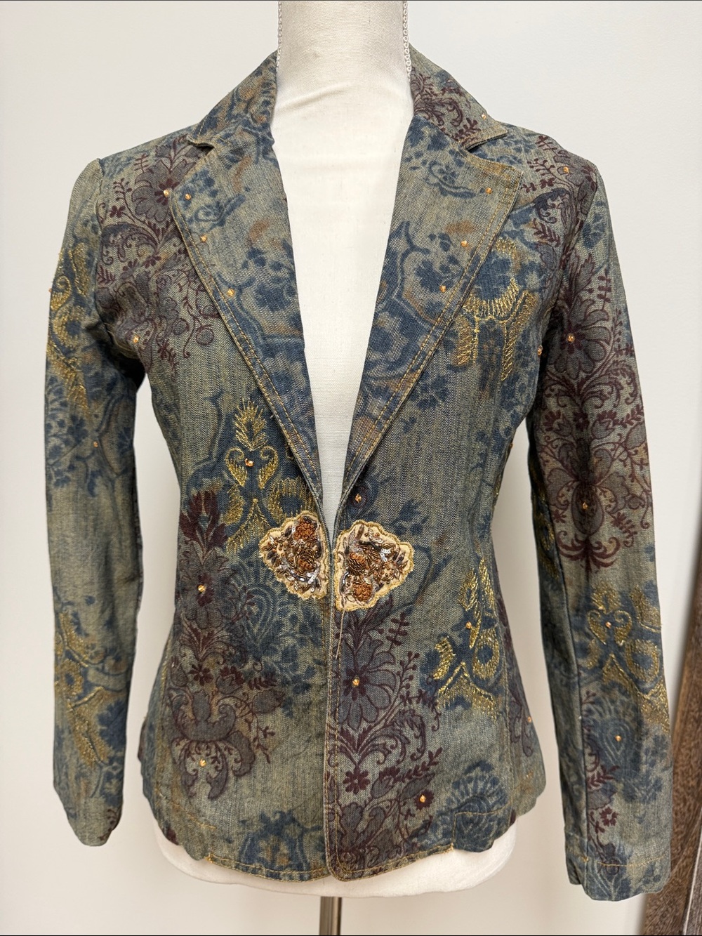Chico's Blue Green Embroidered Floral Blazer Jacket